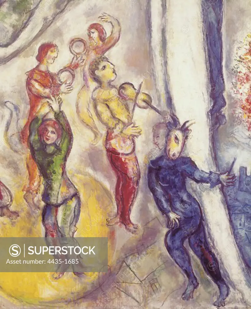 CHAGALL, Marc (1887-1985). Life (Vie). 1964. Detail with a performance by acrobats, dancers and musicians. Oil on canvas. FRANCE. PROVENCE ALPES CTE D'AZUR. ALPES-MARITIMES. Saint-Paul-de-Vence. Maeght Museum-Maeght Foundation.
