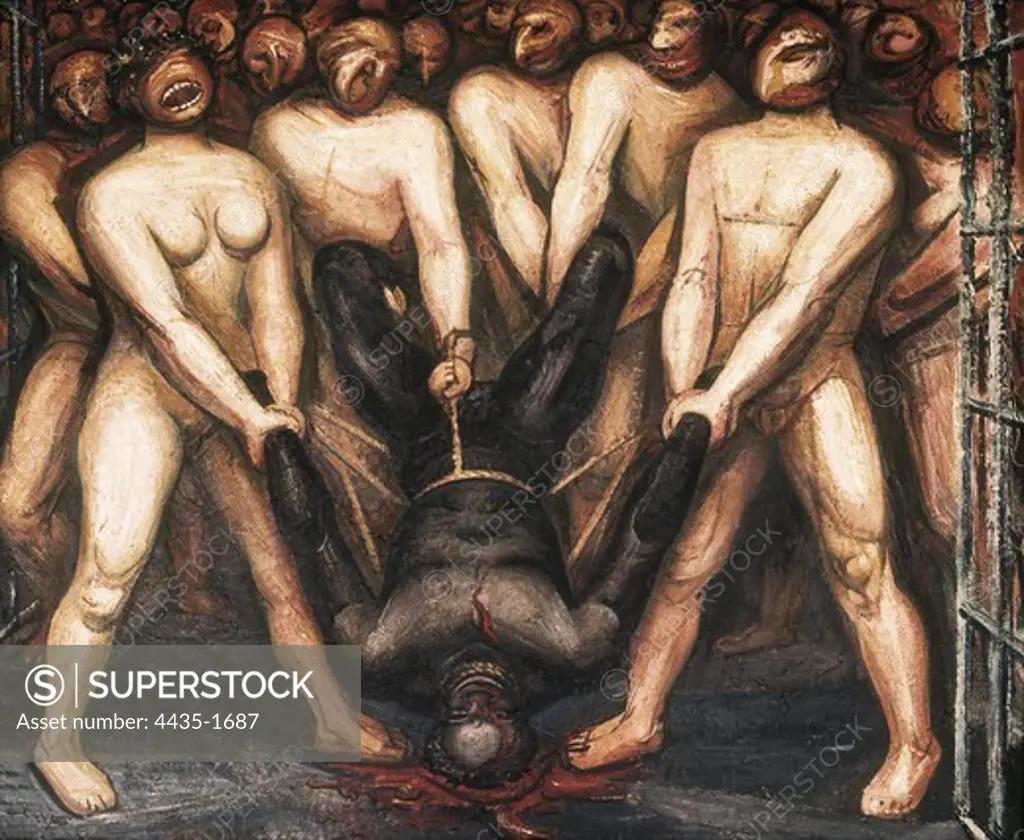 SIQUEIROS, David Alfaro (1898-1974). Cain in the United States. 1940s. Allegory depicting the lynching of a black. Mexican Mural Painting. Painting.