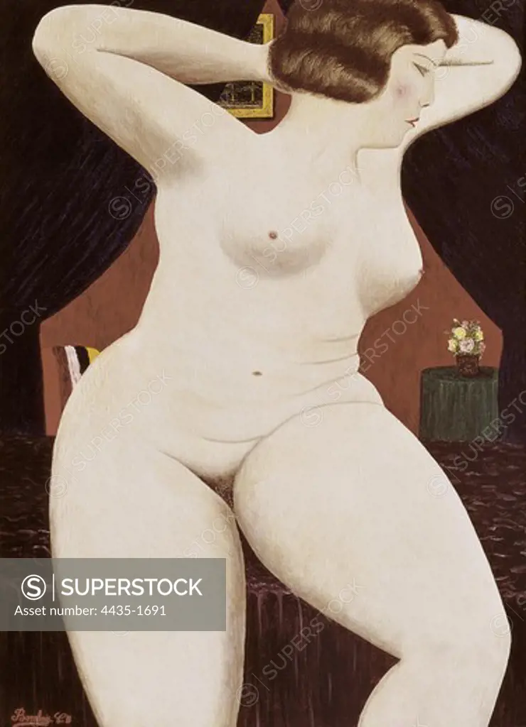 BOMBOIS, Camille (1883-1970). Nude with Raised Arms. 1925. Naive art. Oil on canvas. FRANCE. LE-DE-FRANCE. Paris. Centre national d'art et de culture Georges Pompidou (Georges Pompidou National Art and Culture Centre).