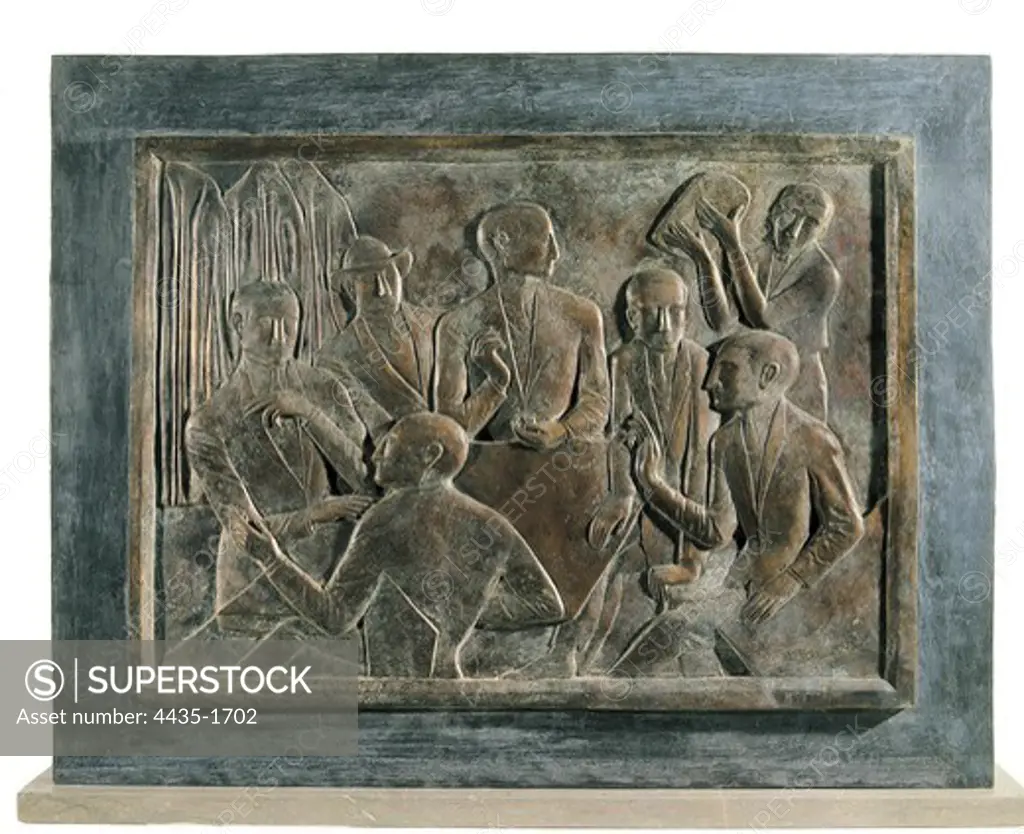 GRANYER I GIRALT, Josep (1899-1983). The Group of the Lyon de Oro. The Evolucionists. 1926. The Evolutionists were one of the groups of artists that in 1917 joined together on the rejection of Mediterraneist Noucentisme. Realism. Relief. SPAIN. CATALONIA. Barcelona. National Art Museum of Catalonia.