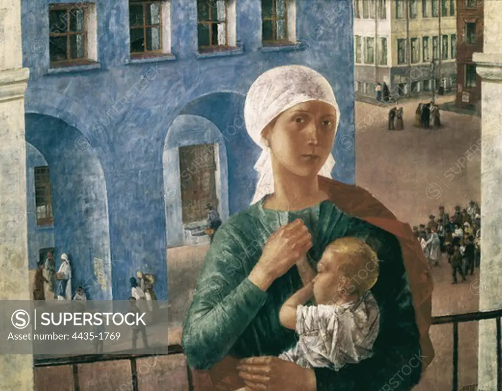 PETROV-VODKIN, Kosima Sergeievich (1878-1939). 1918 in Petrograd (Petrograd Madonna). 1920. Symbolism. Oil on canvas. RUSSIA. MOSCOW. Moscow. Tretyakov Gallery.