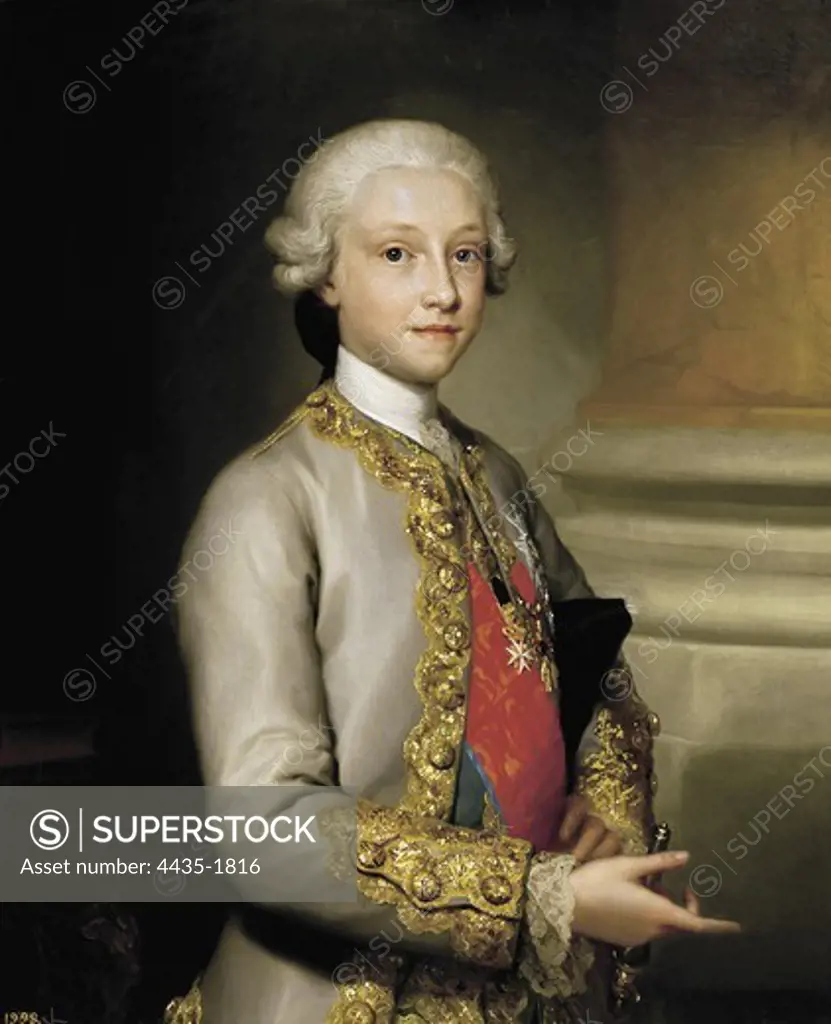 MENGS, Anton Raphael (1728-1779). Infante don Gabriel of Bourbon. ca. 1761. He wears the Cross of Malta and the insignia of the order of the Toison d'Or (Golden Fleece). Neoclassicism. Oil on canvas. SPAIN. MADRID (AUTONOMOUS COMMUNITY). Madrid. Prado Museum.