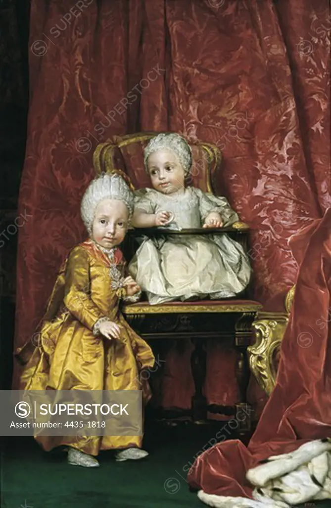 MENGS, Anton Raphael (1728-1779). Portrait of Archduke Ferdinand I and Archduchess Maria Carolina of Austria. ca. 1770. Children of Leopold II of Austria and Marie-Louise of Bourbon. Neoclassicism. Oil on canvas. SPAIN. MADRID (AUTONOMOUS COMMUNITY). Madrid. Prado Museum.