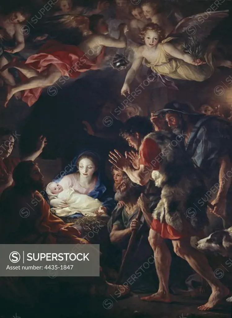 MENGS, Anton Raphael (1728-1779). The Adoration of the Shepherds. 1770. On the left side, behind Saint Joseph there is the self-portrait of the artist. Neoclassicism. Oil on canvas. SPAIN. MADRID (AUTONOMOUS COMMUNITY). Madrid. Prado Museum.