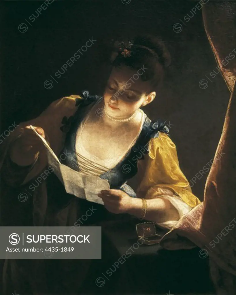 RAOUX, Jean (1677-1734). Young Woman Reading a Letter (Jeune fille lisant une lettre). beg. 18th c. Romanticism. Oil on canvas. FRANCE. ëLE-DE-FRANCE. Paris. Louvre Museum.