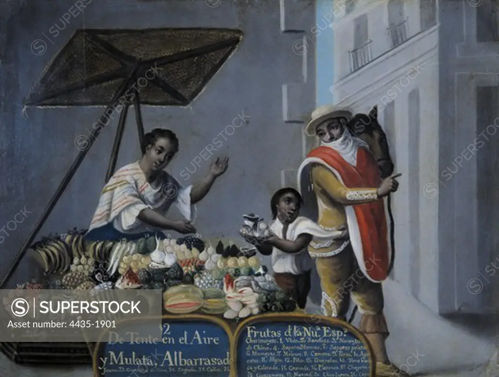 From Tente en el Aire and Mulatoo: Albarrasado. c. 1775 - 1800. Painting num. 12. Casta paintings. Mexican school. Colonial baroque. Painting. SPAIN. MADRID (AUTONOMOUS COMMUNITY). Madrid. America's Museum.