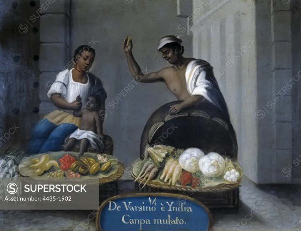 From Varsino and Indian: Canpa Mulato.  c. 1775 - 1800. Casta paintings. Mexican school. Colonial baroque. Painting. SPAIN. MADRID (AUTONOMOUS COMMUNITY). Madrid. America's Museum.
