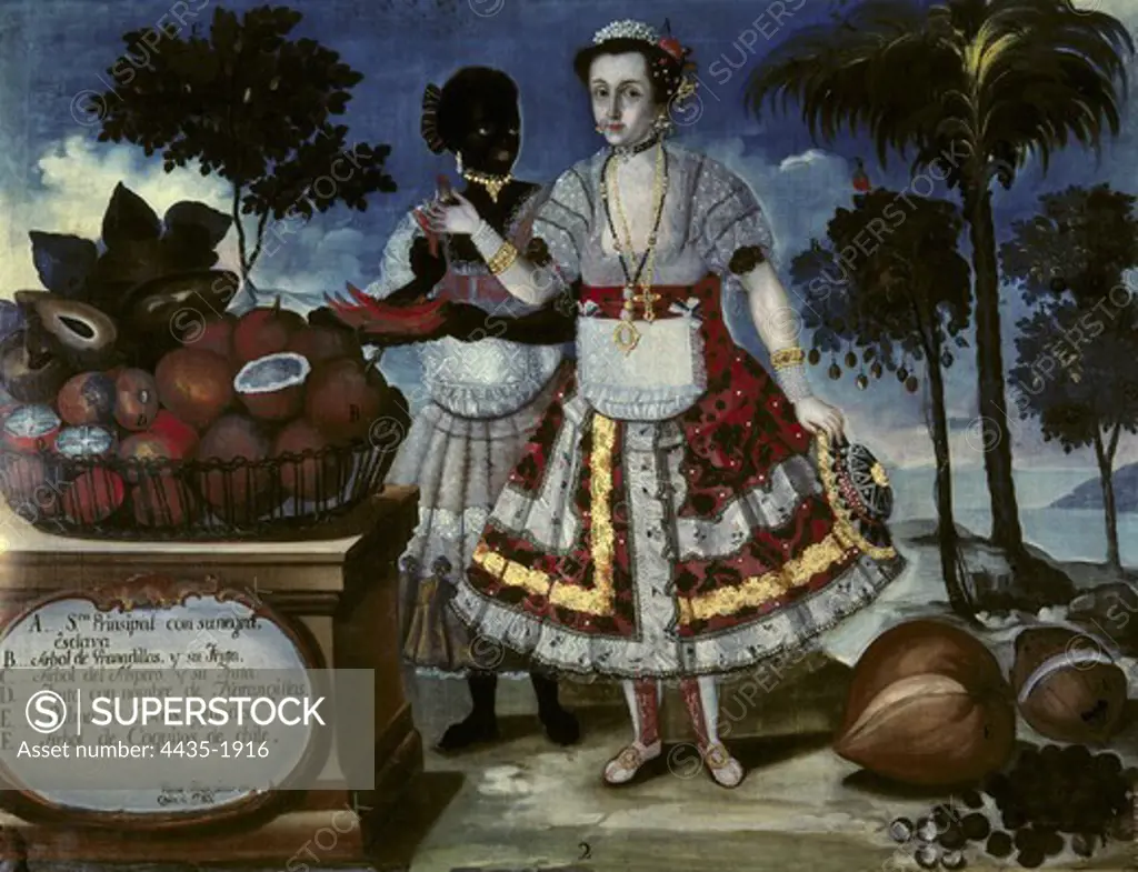 ALBAN, Vicente (18th c.). Distinguished woman with her negro slave. 1783. Casta paintings. Quito School. Colonial baroque. Oil on canvas. SPAIN. MADRID (AUTONOMOUS COMMUNITY). Madrid. America's Museum.