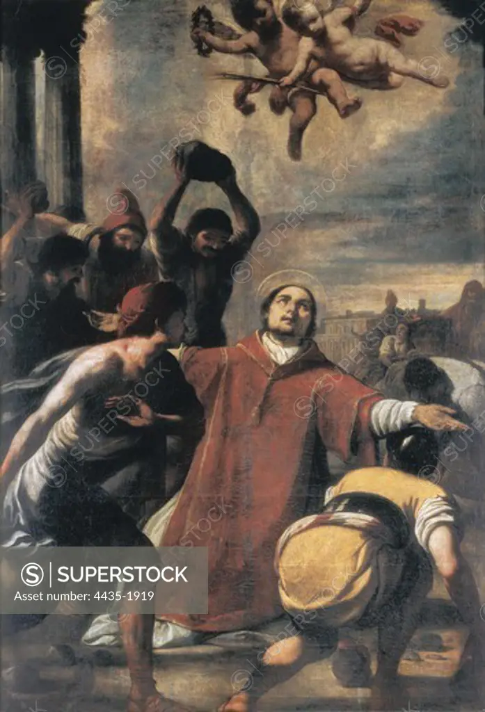 VILADOMAT i MANALT, Antoni (1678-1755). Stoning of Saint Stephen. 1722 - 1737. SPAIN. Matar. Basilica of Saint Mary. Baroque art. Oil on canvas.