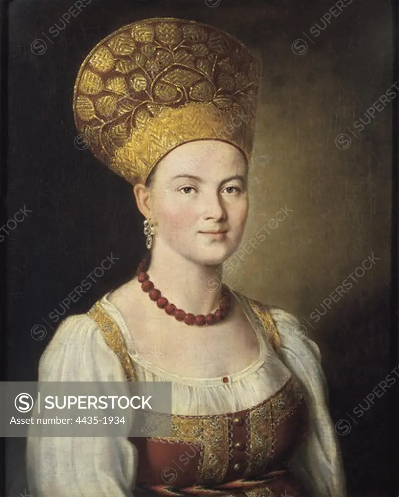 ARGUNOV, Ivan P. (1727-1802). Portrait of Woman in Russian Costume. 1784. Baroque art. Oil on canvas. RUSSIA. MOSCOW. Moscow. Tretyakov Gallery.