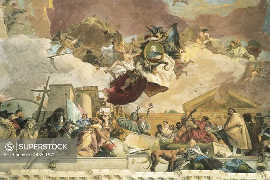 TIEPOLO, Giovanni Battista (1696-1770). Allegory of Europe. 1750 - 1753. GERMANY. WŸrzburg. Royal Palace. Painting located on the ceiling roof of the main stairway by Johann Balthasar Neumann. Baroque art. Fresco.
