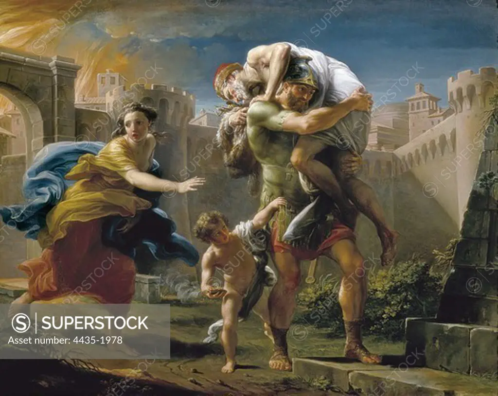 BATONI, Pompeo Girolamo (1708-1787). Aeneas and His Family Fleeing Troy. 18th c. Rococo. Oil on canvas. ITALY. PIEDMONT. Turin. Galleria Sabauda (Sabauda Gallery).