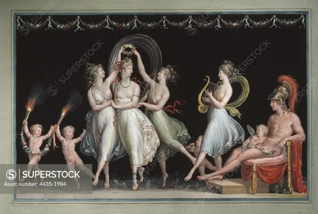 CANOVA, Antonio (1757-1822). The Graces and Venus dancing in front of Mars. Circa 1798. Neoclassicism. Tempera. ITALY. VENETO. TREVISO. Possagno. Museum of Antonio Canova.