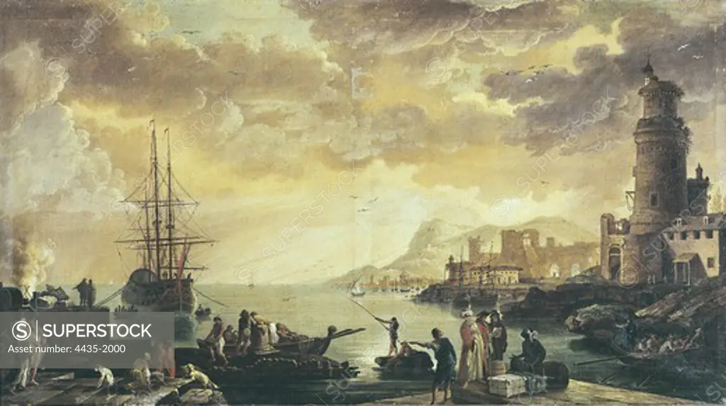 BAYEU Y SUBIAS, Francisco (1734-1795). Seaport. 18th c. Oil on canvas. SPAIN. Valencia. San Pio V Fine Arts Museum.
