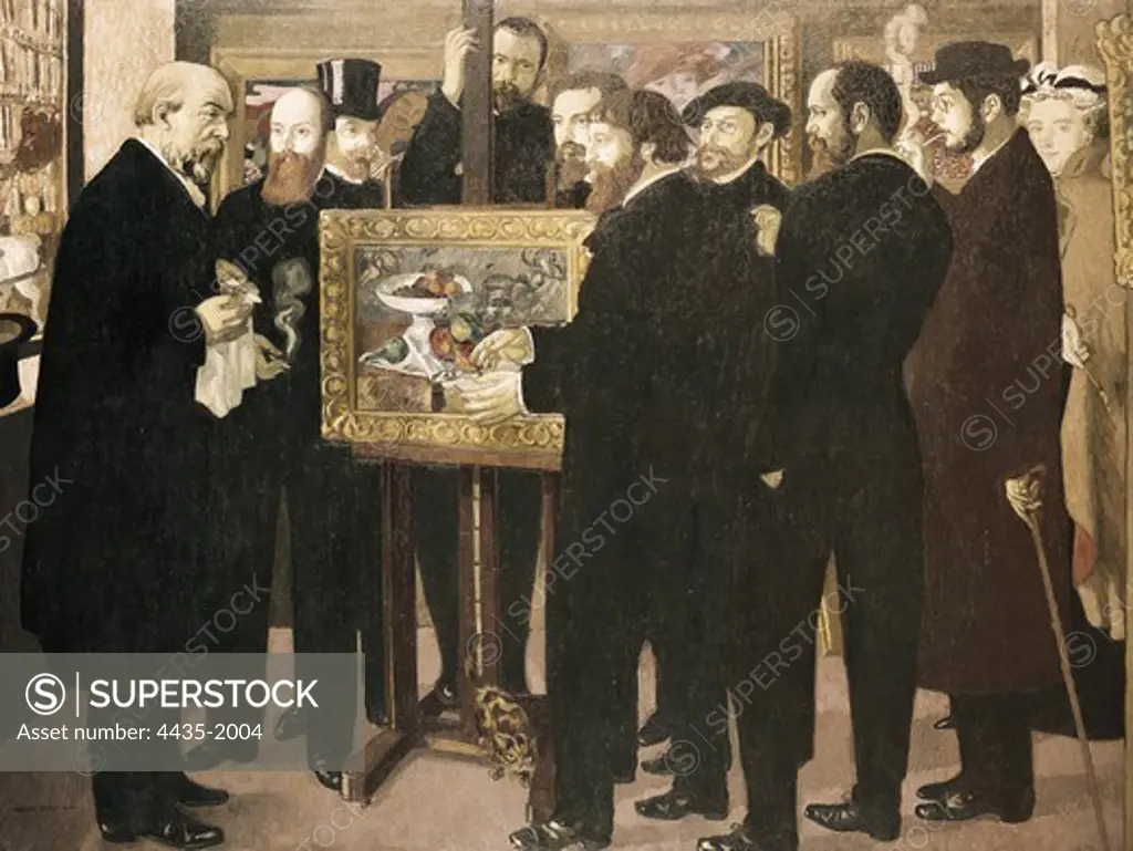 DENIS, Maurice (1870-1943). Homage to CŽzanne. 1900. At Ambroise Vollard's home and around a CŽzanne's still-life appear, from left to right: Redon, Vuillard, Mellerio, Vollard, Denis, SŽrusier, Ranson, Roussel, Bonnard and Mme Denis. Symbolism. Les Nabis. Oil on canvas. FRANCE. ëLE-DE-FRANCE. Paris. MusŽe d'Orsay (Orsay Museum).