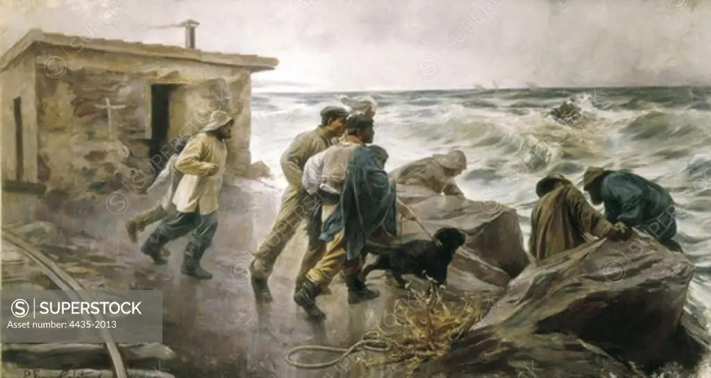 FERRER CALATAYUD, Pedro (1870-1944). Rescuing a shipwrecked. 1895. Realism. Oil on canvas. SPAIN. Valencia. San Pio V Fine Arts Museum.