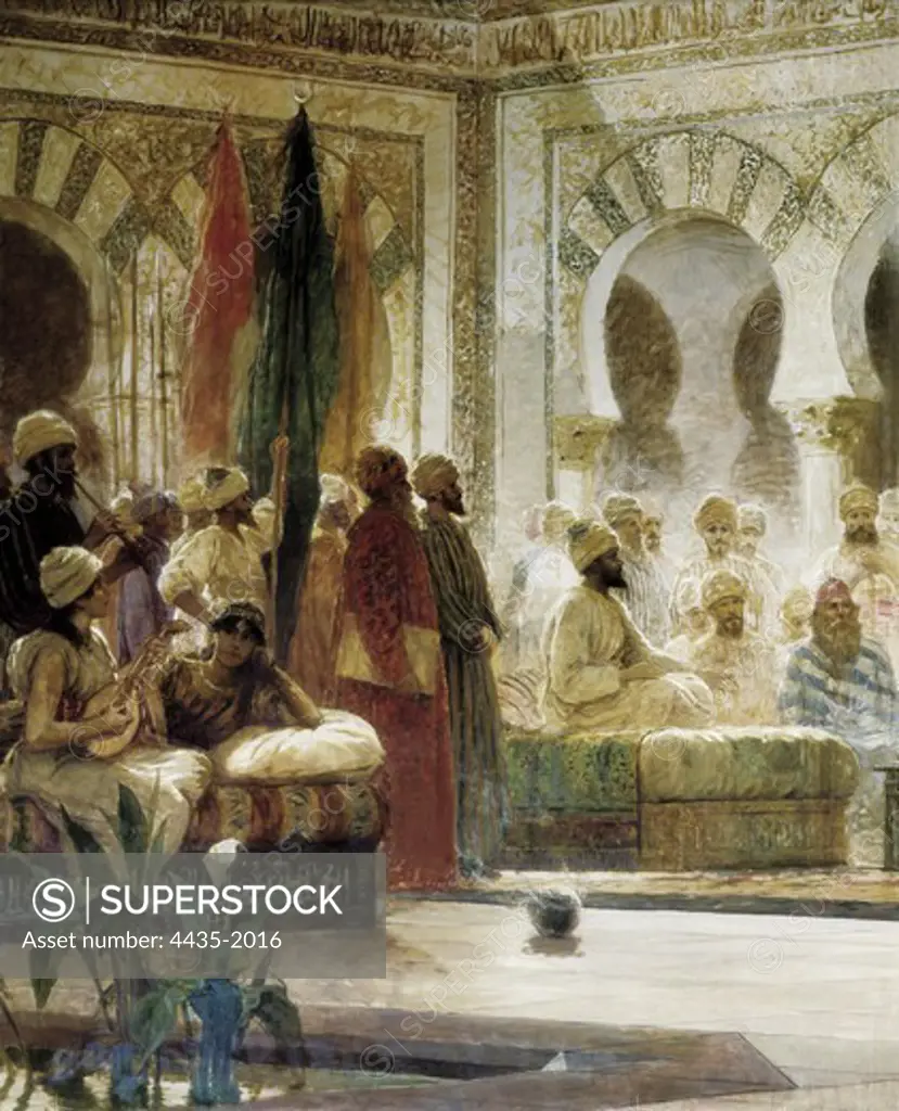 BAIXERAS i VERDAGUER, Dions (1862-1943). Abd al-Rahman III Receiving the Ambassador. 1885. Reception of the caliph to an Ambassador of Emperor Otto I, the monk John of Gorze. Left detail of the Court and the musicians. Romanticism. Orientalism. Painting. SPAIN. CATALONIA. BARCELONA. Barcelona. University of Barcelona.