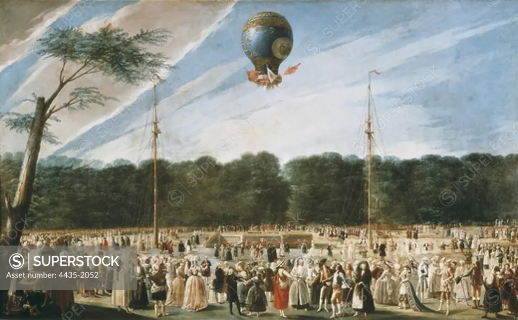 CARNICERO, Antonio (1748-1814). The Ascent of the Montgolfier Balloon at Aranjuez. 1792. It is supposed to be Vicente Lunardi's ascent in the Retiro. Oil on canvas. SPAIN. MADRID (AUTONOMOUS COMMUNITY). Madrid. Prado Museum.
