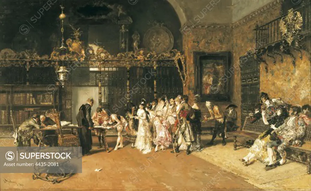 FORTUNY I MARSAL, Mariano (1838-1874). The Vicarage (La vicaria). 1870. In 1870, Fortuny painted this second version of The Vicarage, featuring Isabel, the painter's sister-in-law (the bride); Raimon, her brother (the bridegroom); the Roman model Nicolina (the 'maja'); Arlechino (the matador), and the painter Meissonier (the soldier). Romanticism. Oil on canvas. SPAIN. CATALONIA. Barcelona. National Art Museum of Catalonia.