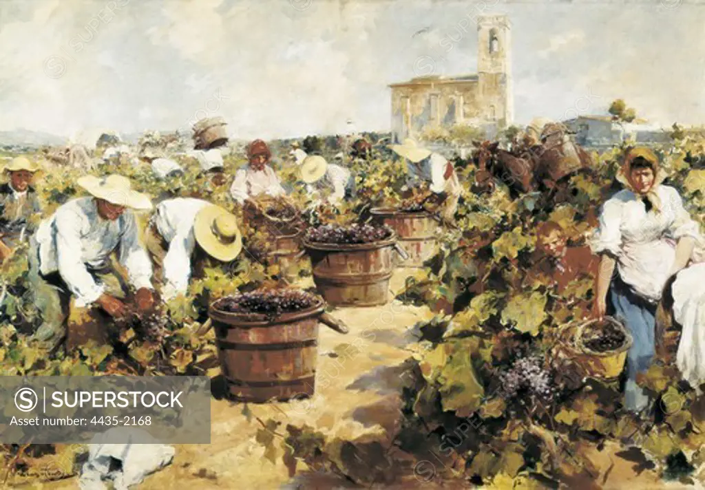 MAS i FONDEVILA, Arcadi (1852-1934). The Grape Harvest. beg. 20th c. Costumbrism. Oil on canvas.