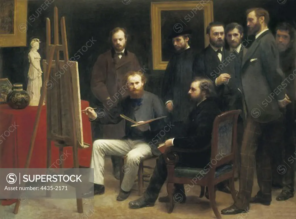 FANTIN-LATOUR, Henri-Theodore (1836-1904). Studio at Batignolles. 1870. Painter link between the Romanticism and the modern painting. This constitute a tribute to Manet (seated in front of the easel) surrounded by some painters: Renoir, Monet and Bazille. And by some writers: Zola, Astruc, Matre and Schšlderer. Romanticism. Oil on canvas. FRANCE. ëLE-DE-FRANCE. Paris. MusŽe d'Orsay (Orsay Museum).
