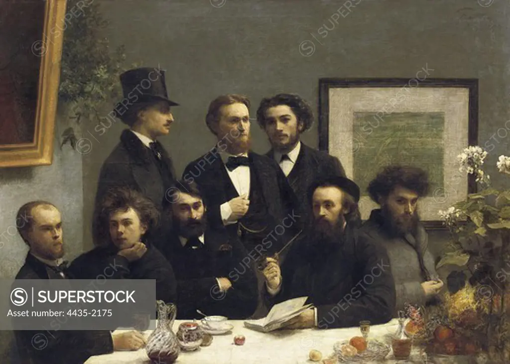 FANTIN-LATOUR, Henri-ThŽodore (1836-1904). A Corner of the Table. 1872. Gathering of symbolist writers; from left to right: Paul Verlaine, Arthur Rimbaud, ElzŽar Bonnier, LŽon Velade, Emile BlŽmont, Jean Aicard, Ernest d'Hervilly, Camille Pelletan. Romanticism. Oil on canvas. FRANCE. ëLE-DE-FRANCE. Paris. MusŽe d'Orsay (Orsay Museum).