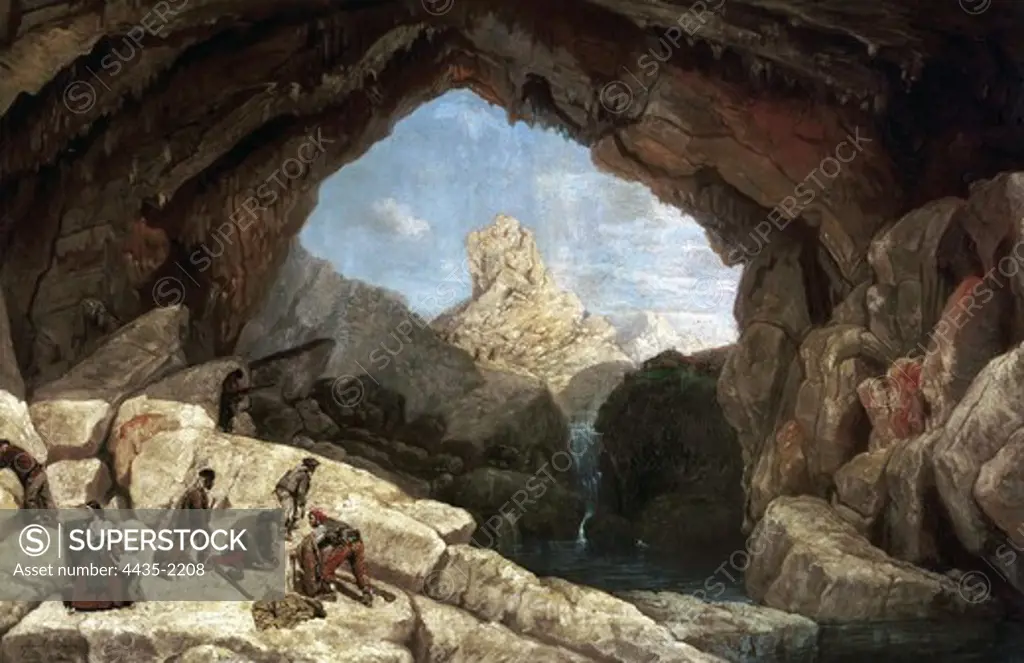 BARRON Y CARRILLO, Manuel (1814-1884). The Cueva del Gato (Cave of the Cat). 1860. A group of bandits (with wife and child) is caught by the Guardia Civil (Spanish gendarmerie). Costumbrism. Oil on canvas. SPAIN. ANDALUSIA. Sevilla. Fine Arts Museum.