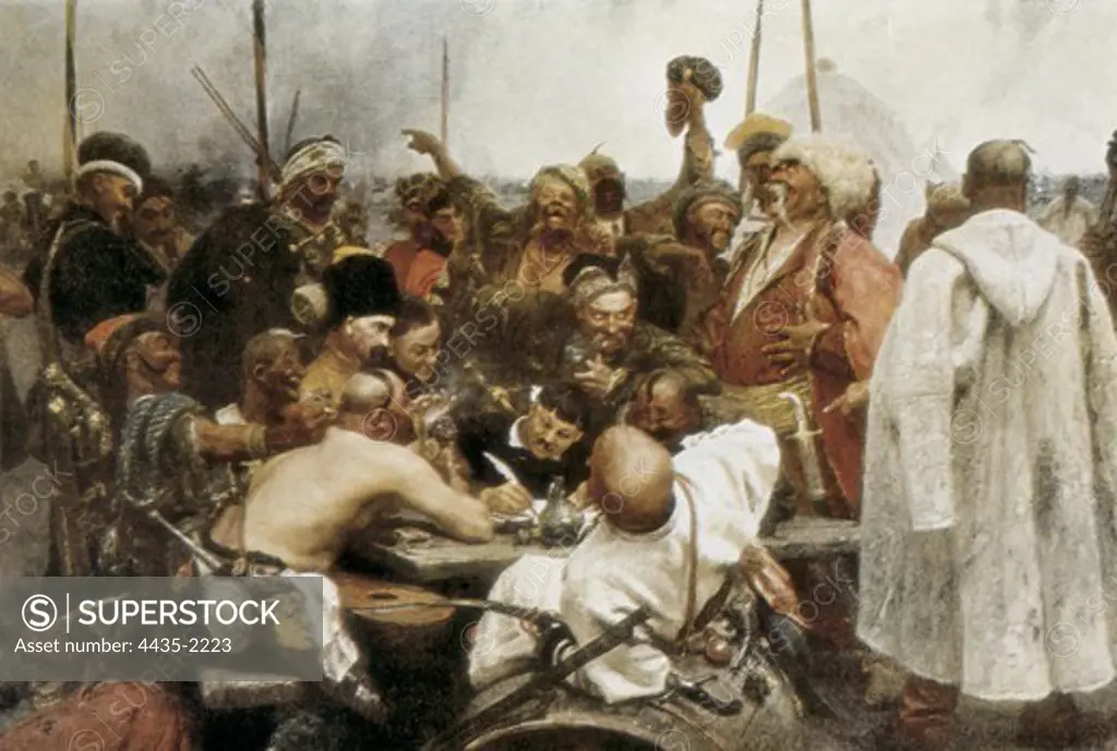 Repin, Ilya Yefimovich (1844-1930). Reply of the Zaporozhian Cossacks to Sultan Mehmed IV of the Ottoman Empire. 1880 - 1891. Realism. Oil on canvas. RUSSIA. SAINT PETERSBURG. Saint Petersburg. State Russian Museum.