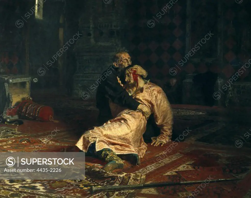 Repin, Ilya Yefimovich (1844-1930). Ivan the Terrible and his son Ivan on 16 November, 1581  Ivan the Terrible and his son Ivan on 16 November, 1581. 1885. Realism. Oil on canvas. RUSSIA. MOSCOW. Moscow. Tretyakov Gallery.