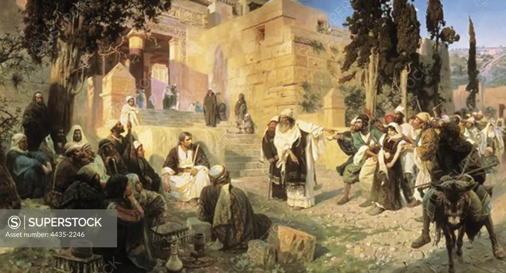 POLENOV, Vassili Dmitrievich (1844-1927). Christ and the Woman Taken in Adultery. 1888. Illustration of the Book of Saint John 8, 1-9. Pre-Raphaelite art. Oil on canvas. RUSSIA. SAINT PETERSBURG. Saint Petersburg. State Russian Museum.