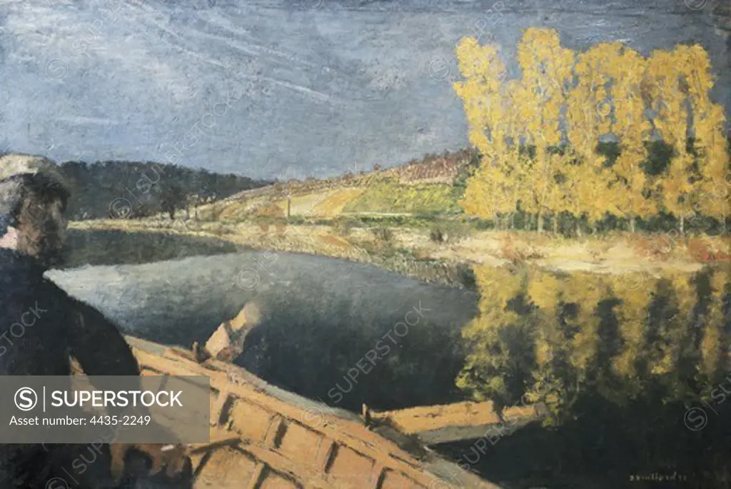 VUILLARD, Edouard (1868-1940). The Oarsman (Le passeur). 1897. Cipa Godebski in a boat on the River Yonne. Symbolism. Les Nabis. Oil on canvas. FRANCE. ëLE-DE-FRANCE. Paris. MusŽe d'Orsay (Orsay Museum).