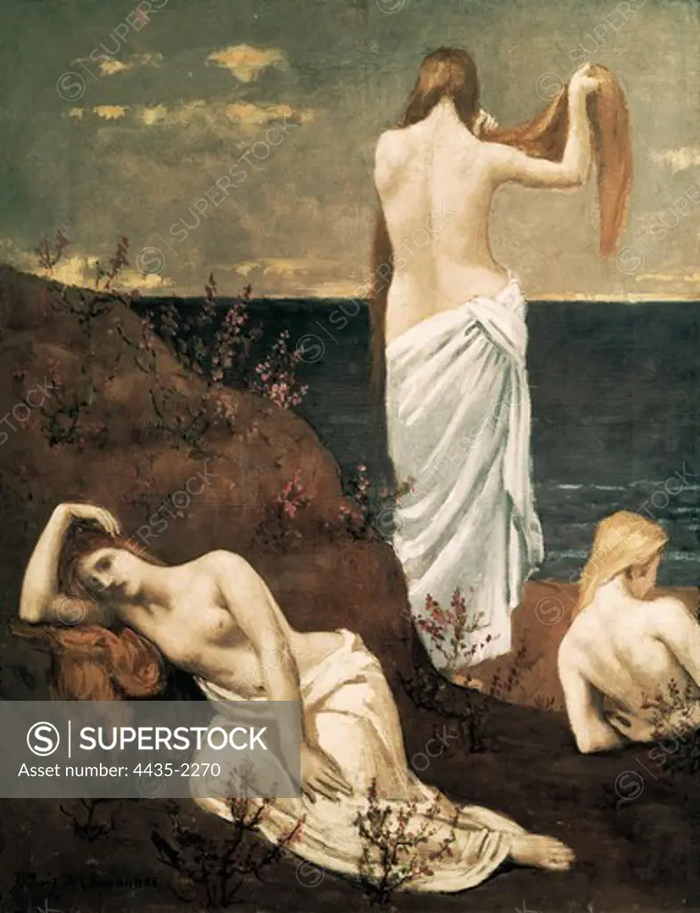 PUVIS de CHAVANNES, Pierre (1824-1898). Young Girls by the Sea (Jeunes filles au bord de la mer). ca. 1879. Symbolism. Oil on canvas. FRANCE. ëLE-DE-FRANCE. Paris. MusŽe d'Orsay (Orsay Museum).