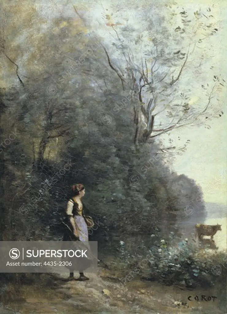 COROT, Jean-Baptiste Camille (1796-1875). A Peasant Woman Grazing a Cow at the Edge of a Forest. mid. 19th c. Realism. Oil on canvas. RUSSIA. SAINT PETERSBURG. Saint Petersburg. State Hermitage Museum.