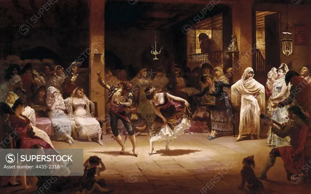 LLOVERA BOFILL, Josep (1846-1896). A Dance of Lamp-oil. 1881. Costumbrism. Oil on canvas. Private Collection.