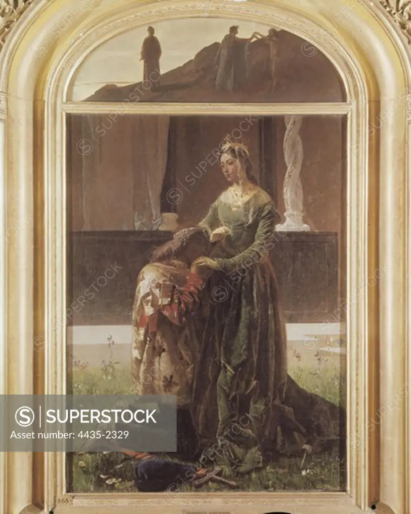FARUFFINI, Federico (1831-1879). Sordello and Cunizza. 1864. Pre-Raphaelite art. Oil on canvas. ITALY. LOMBARDY. Milan. Pinacotheca of Brera.