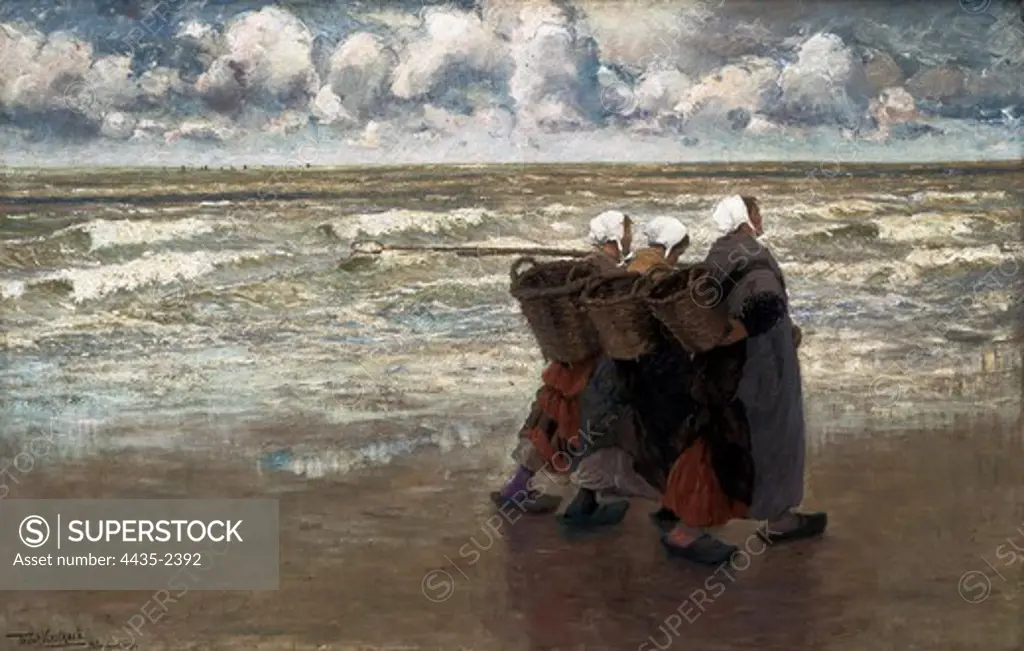 VERSTRAETE, ThŽodore (1850-1907). Return from fishing. 19th c. Oil on canvas. BELGIUM. WALLONIA. HAINAUT. Tournai. Fine Arts Museum.