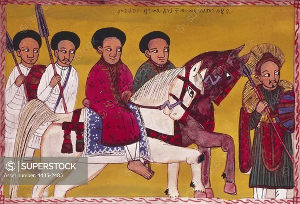 Queen of Sheba Royal Court. Story of King Salomon and Queen of Sheba, Ethiopia, 20th c. Contemporary Art. Painting. Private Collection.