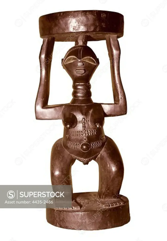 Stool with figure of woman. African art. Sculpture on wood. BELGIUM. BRUSSELS. Brussels. Congo National Museum. Proc: CONGO, Democratic Republic of the.