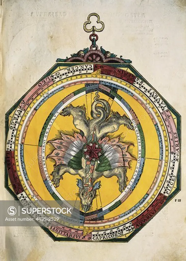 Apianus, Peter von Bienewitz or Bennewitz (1501-1552). German humanist, known for his works in mathematics, astronomy and cartography. 'Astronomicum Caesareum'.  The zodiac with a winged dragon in the center. Work dedicated to the Emperor Charles V. Printed in Ingolstadt, 1540. Renaissance art. Engraving. SPAIN. CASTILE AND LEON. Salamanca. Salamanca University Library.
