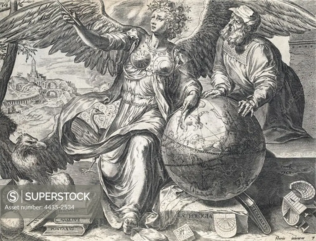 The Astrology (allegory). Cornelis Cort engraving published in Antwerp, 1565. Mannerism art. Engraving.
