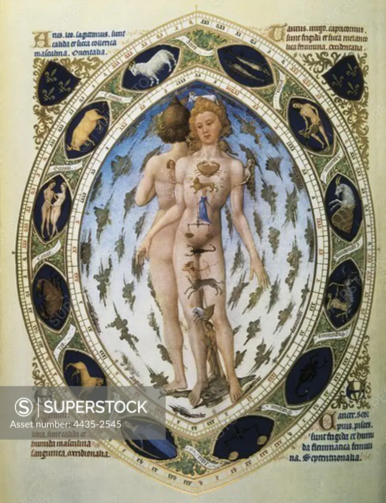 Limburg, Pol de (À-h.1416). The Richly decorated Hours of the Duke of Berry. ca. 1440. Illustration. 'The anatomical man' (fol. 14 ). Representation of the human body with the signs of the zodiac. International gothic. Miniature Painting. FRANCE. PICARDY. OISE. Chantilly. MusŽe CondŽ (CondŽ Museum).