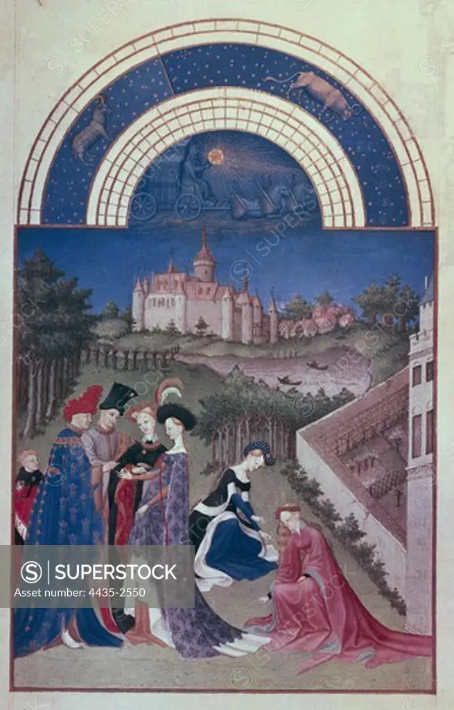Limburg, Pol de  (À-h.1416). The Richly decorated Hours of the Duke of Berry. ca. 1440. April. International gothic. Miniature Painting. FRANCE. ëLE-DE-FRANCE. Paris. National Library.