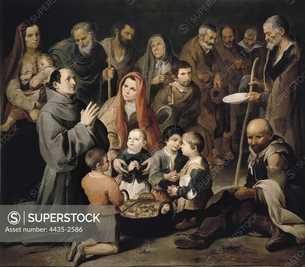 MURILLO, BartolomŽ Esteban (1617-1682). Saint Diego de Alcal Feeding the Poor. 1645 - 1646. Baroque art. Oil on canvas. SPAIN. MADRID (AUTONOMOUS COMMUNITY). Madrid. St. Fernando Royal Academy Museum.