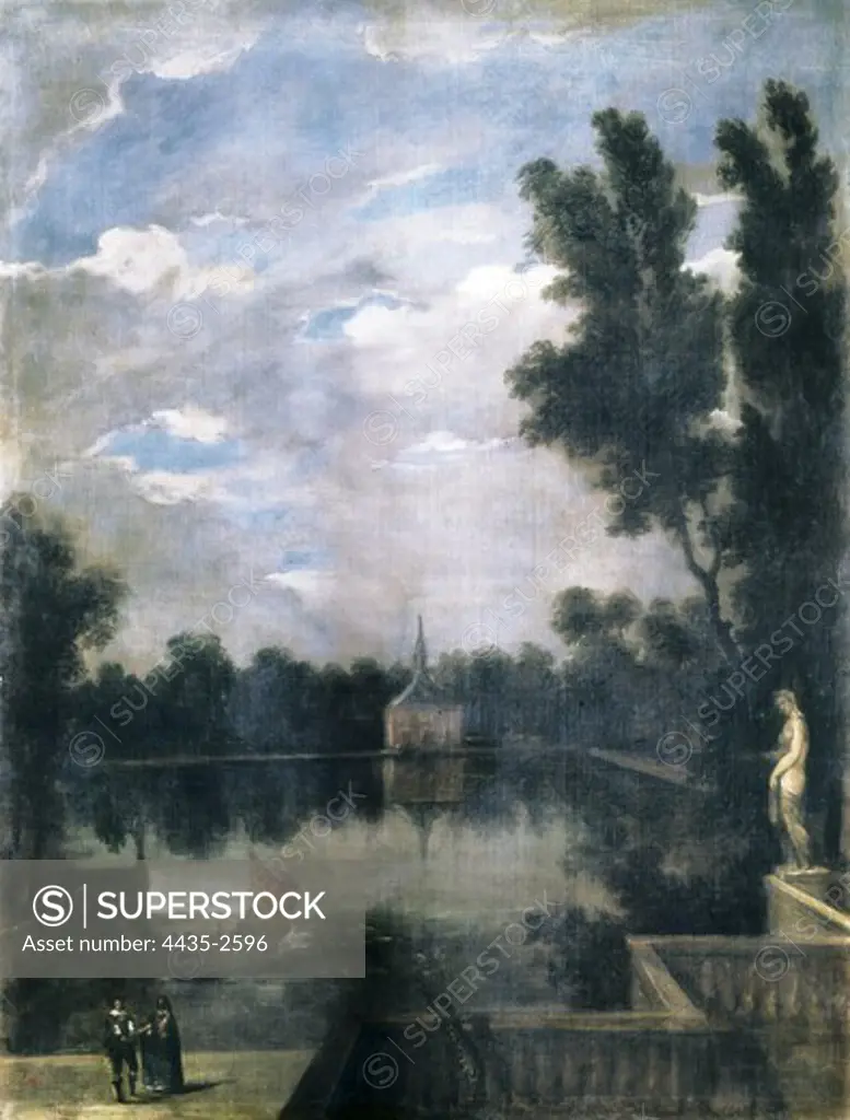 MARTINEZ DEL MAZO, Juan Bautista (1612-1667). A Pond of the Buen Retiro. ca. 1637. Baroque art. Oil on canvas. SPAIN. MADRID (AUTONOMOUS COMMUNITY). Madrid. Prado Museum.