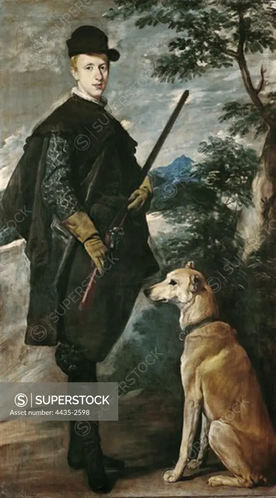 VELAZQUEZ, Diego Rodrguez de Silva (1599-1660). Portrait of Cardinal Infante Ferdinand of Austria with Gun and Dog. 1632 - 1636. Baroque art. Oil on canvas. SPAIN. MADRID (AUTONOMOUS COMMUNITY). Madrid. Prado Museum.
