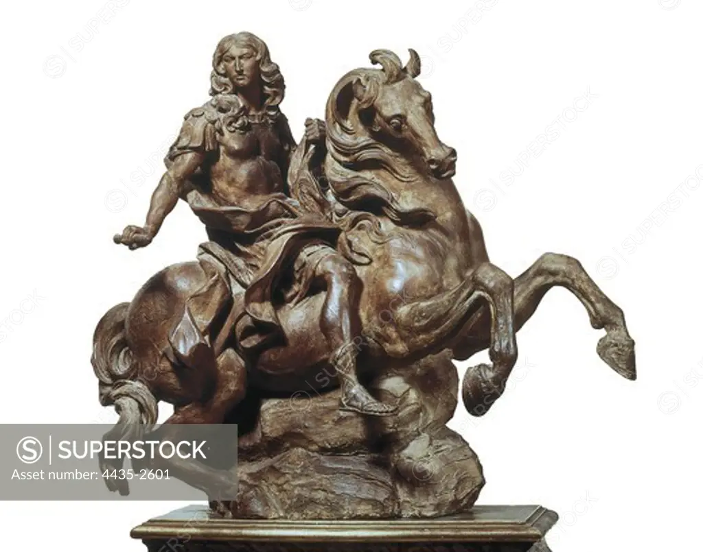 BERNINI, Giovanni Lorenzo (1598-1680). Equestrian Statue of King Louis XIV. 1669 - 1670. Model for the monument at the Palace of Versailles. Baroque art. Sculpture. ITALY. LAZIO. Rome. Borghese Gallery and Museum.