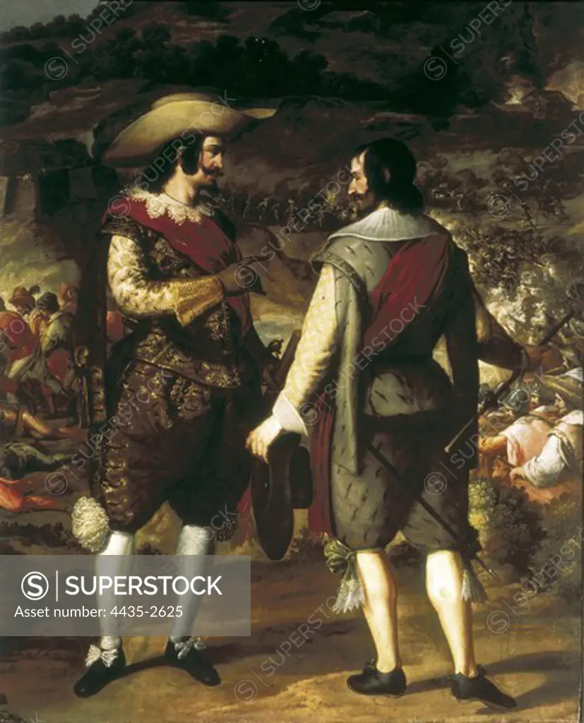 CAXES o CAJES, Eugenio (1577-1634). Recovery of San Juan in Puerto Rico. 1625 - 1634. Left detail. Don Juan de Haro talks to his assistant. In the background, the fort preserved by the Spanish and from which they forced the Dutch people to reembark (1625). Oil on canvas. SPAIN. MADRID (AUTONOMOUS COMMUNITY). Madrid. Prado Museum.