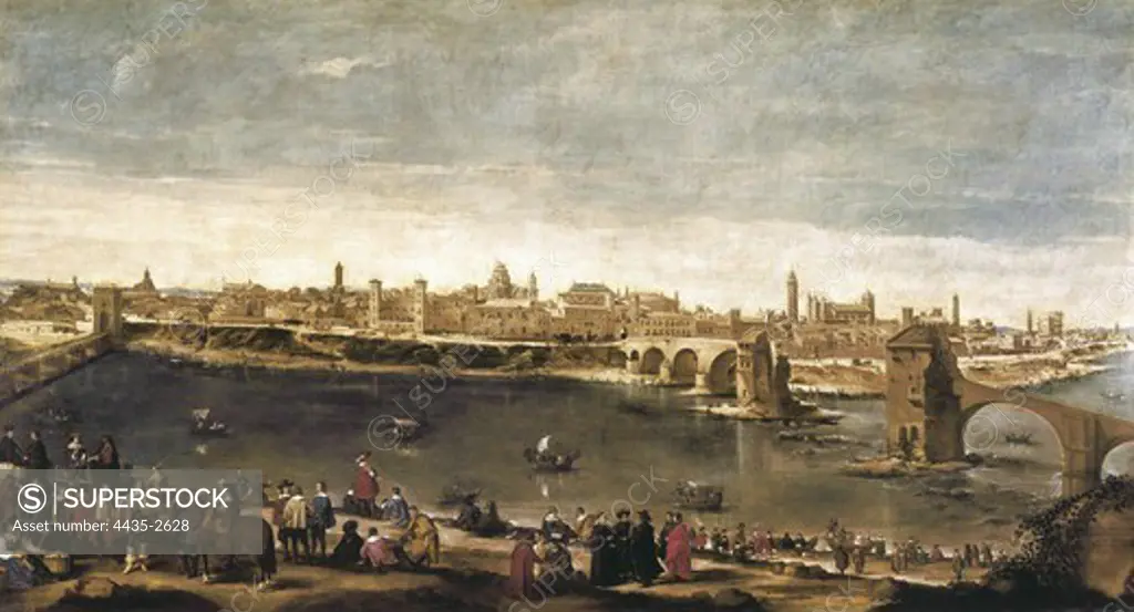 MARTINEZ DEL MAZO, Juan Bautista (1612-1667). View of the City of Zaragoza. 1647. View from the opposite shore of the River Ebro. Work begun by Velazquez for the Prince Baltazar Carlos, but finished, signed and dated by Juan Bautista del Mazo. Baroque art. Oil on canvas. SPAIN. MADRID (AUTONOMOUS COMMUNITY). Madrid. Prado Museum.