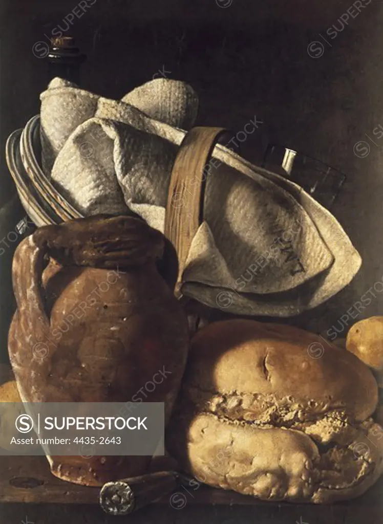 MELƒNDEZ o MENƒNDEZ, Lus (1716-1780). Still life: pitcher and bread. Baroque art. Oil on canvas. SPAIN. MADRID (AUTONOMOUS COMMUNITY). Madrid. Prado Museum.
