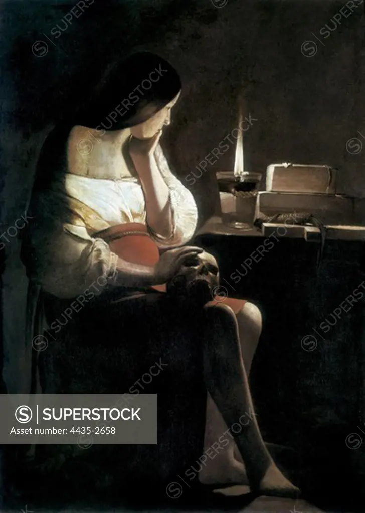 LA TOUR, Georges de (1593-1652). Mary Magdalene with a Night-light, or The Terff Magdalene (La Madeleine a la veilleuse). 1st half 17th c. Baroque art. Oil on canvas. FRANCE. ëLE-DE-FRANCE. Paris. Louvre Museum.